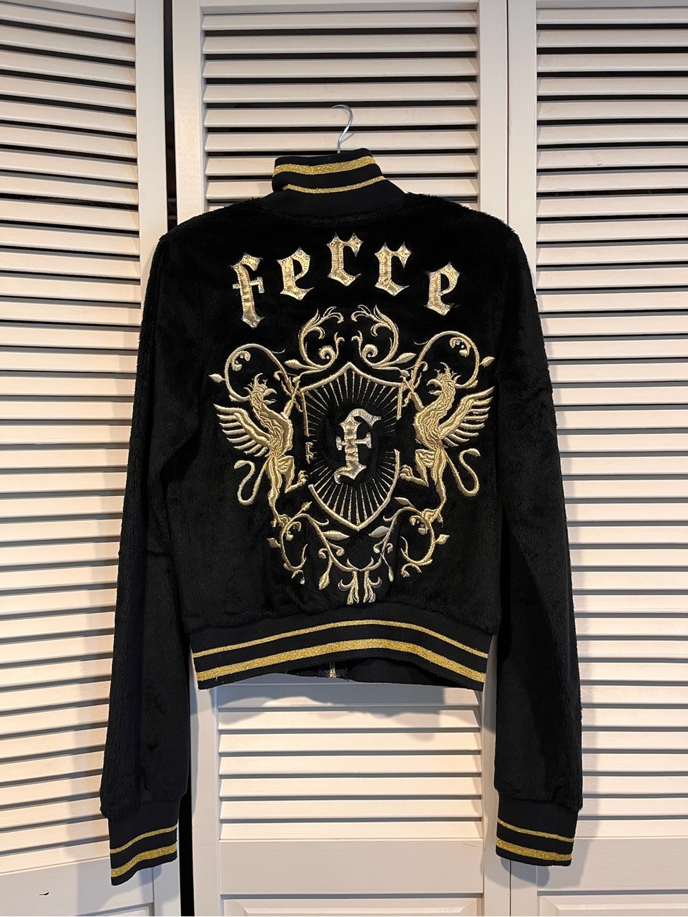 GF Ferre - Black Embroidered Crest Bomber Jacket with Gold Accents